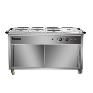 Infernus 155.5cm hot cupboard with bain-marie top, front view with lids