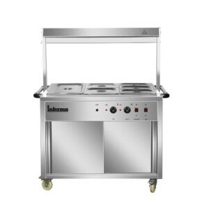 Infernus 121.5cm hot cupboard with bain-marie top and heated display gantry, front view