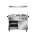 Infernus 121.5cm hot cupboard with bain-marie top and heated display gantry, cupboard open