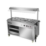 Infernus 155.5cm hot cupboard with bain-marie top and heated display gantry, cupboard open