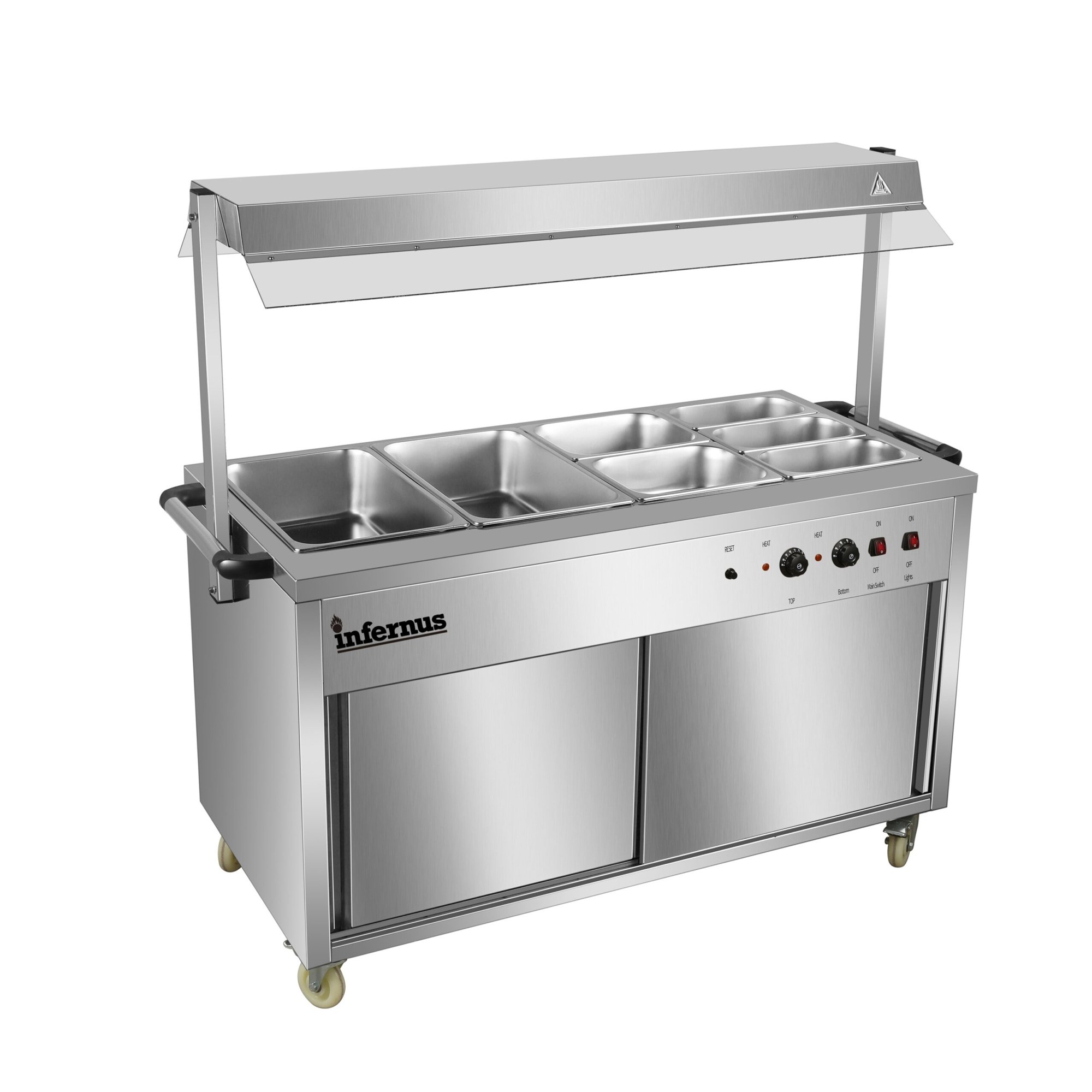 Infernus 155.5cm hot cupboard with bain-marie top and heated display gantry Infernus 155.5cm hot cupboard with bain-marie top and heated display gantry