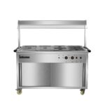 Infernus 155.5cm hot cupboard with bain-marie top and heated display gantry, front view with lids