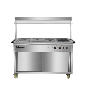 Infernus 155.5cm hot cupboard with bain-marie top and heated display gantry, front view with lids