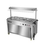 Infernus 155.5cm hot cupboard with bain-marie top and heated display gantry, with lids and plug leads