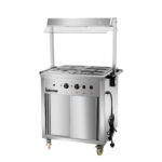 Infernus 88cm hot cupboard with bain-marie top and heated display gantry, front view