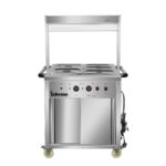 Infernus 88cm hot cupboard with bain-marie top and heated display gantry, front view with lids