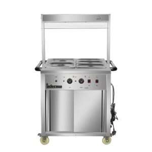 Infernus 88cm hot cupboard with bain-marie top and heated display gantry, front view with lids