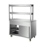 Infernus 150cm hot cupboard with two-tier heated gantry, pass-through, pass-through side, cupboard open