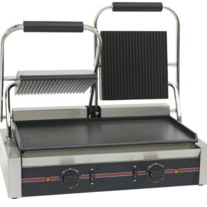 Infernus twin panini grill with ribbed tops and smooth bottom plate