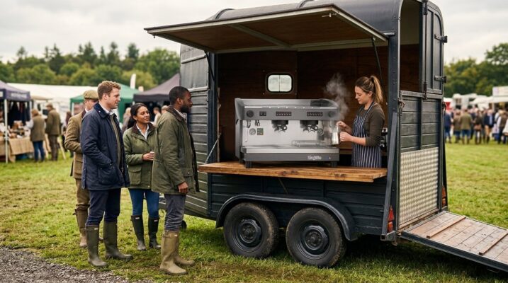 Barista steaming milk on a grey Magister Stilo 2-group LPG espresso machine in a horsebox coffee bar at a country show
