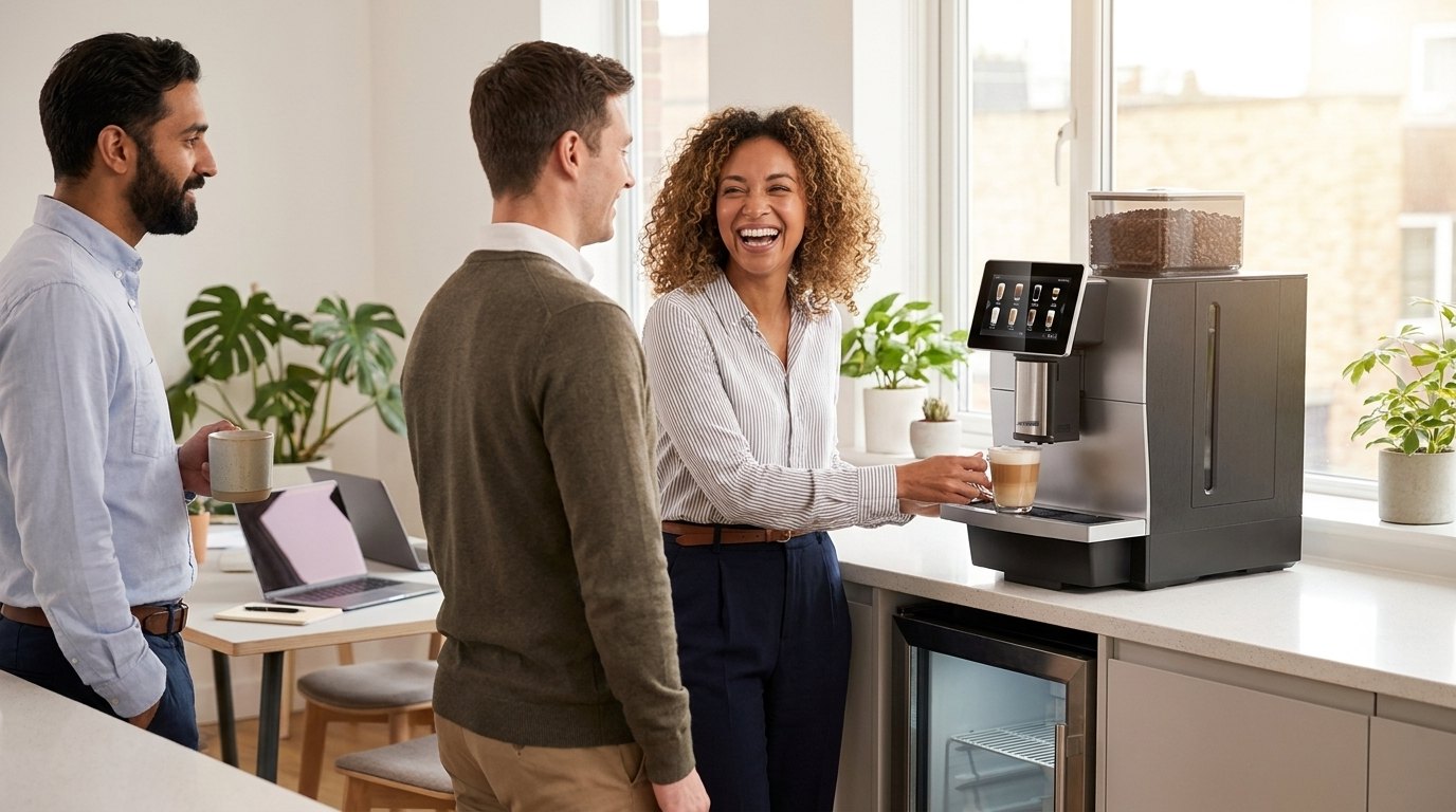 Colleagues chatting beside a Jetinno JL30 bean to cup coffee machine and milk fridge in an office kitchen