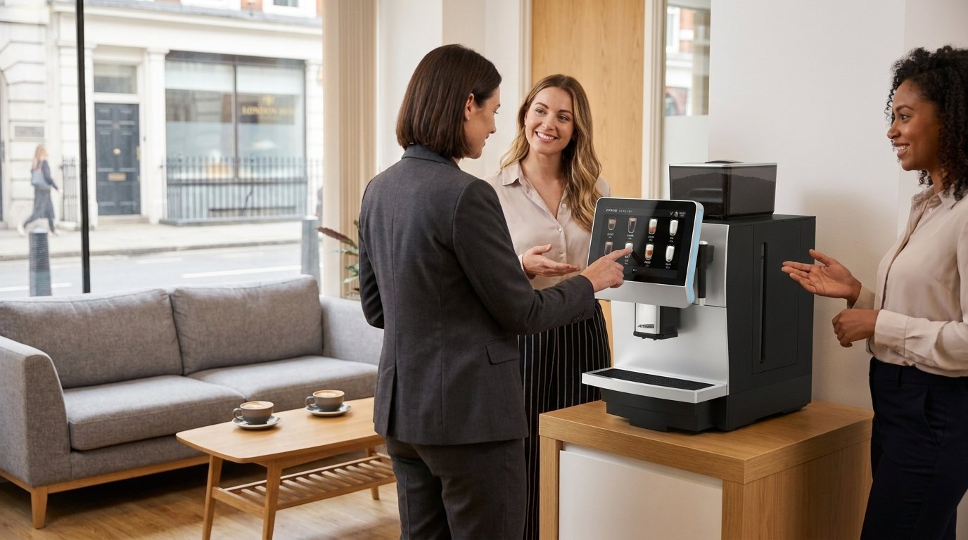 Visitor choosing a drink on a Jetinno JL31B coffee machine touchscreen in an office reception