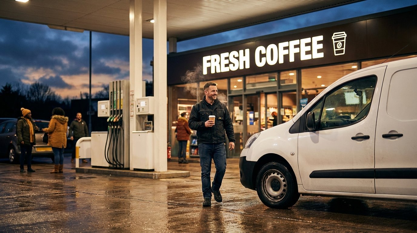 Petrol station forecourt at dusk with a Fresh Coffee sign and a driver walking back to his van with a takeaway coffee
