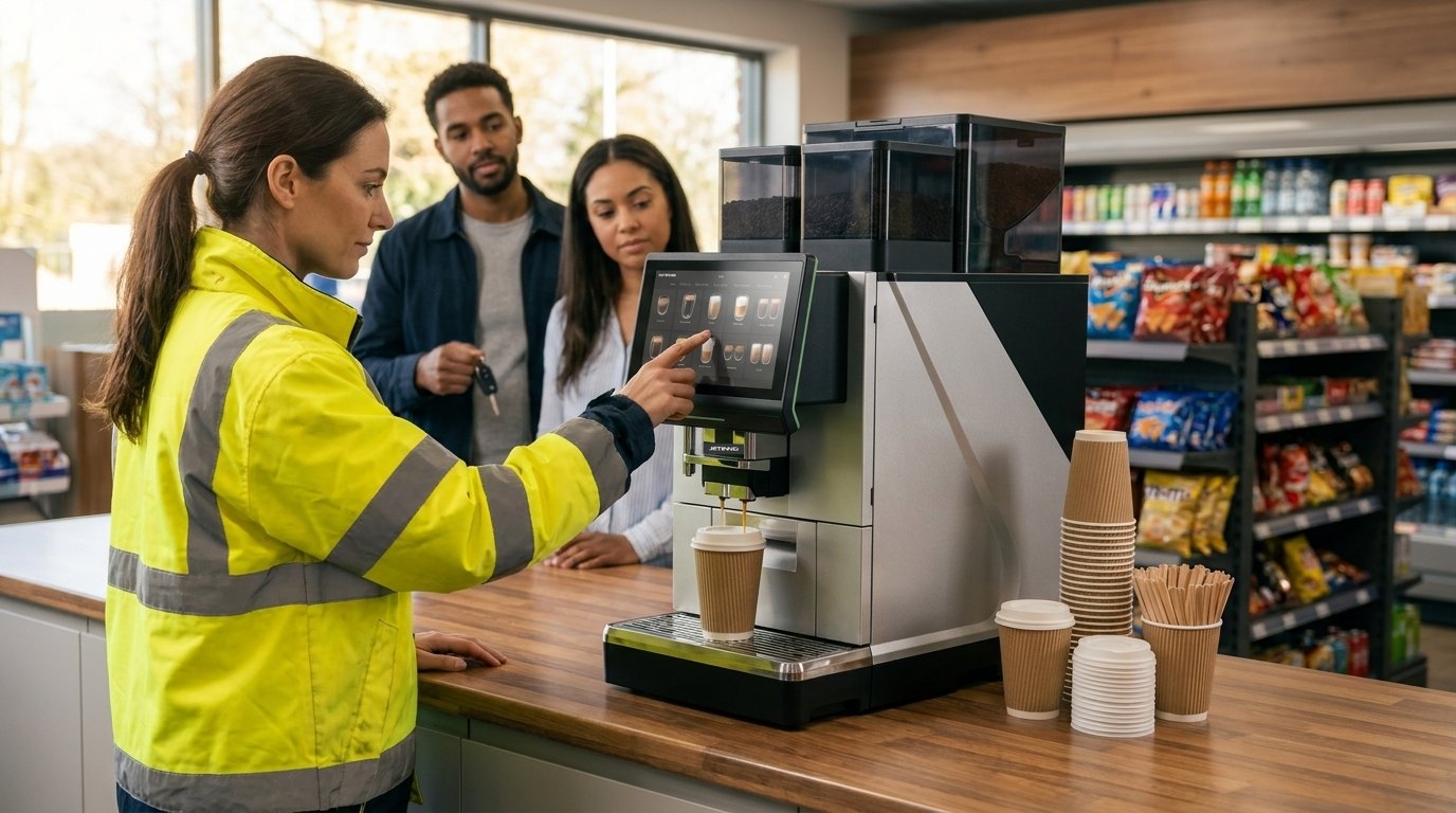Customer choosing a drink on a Jetinno bean to cup coffee machine in a petrol station shop, with other customers queuing
