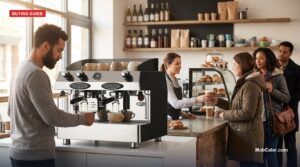 Two-group espresso machine in a busy cafe